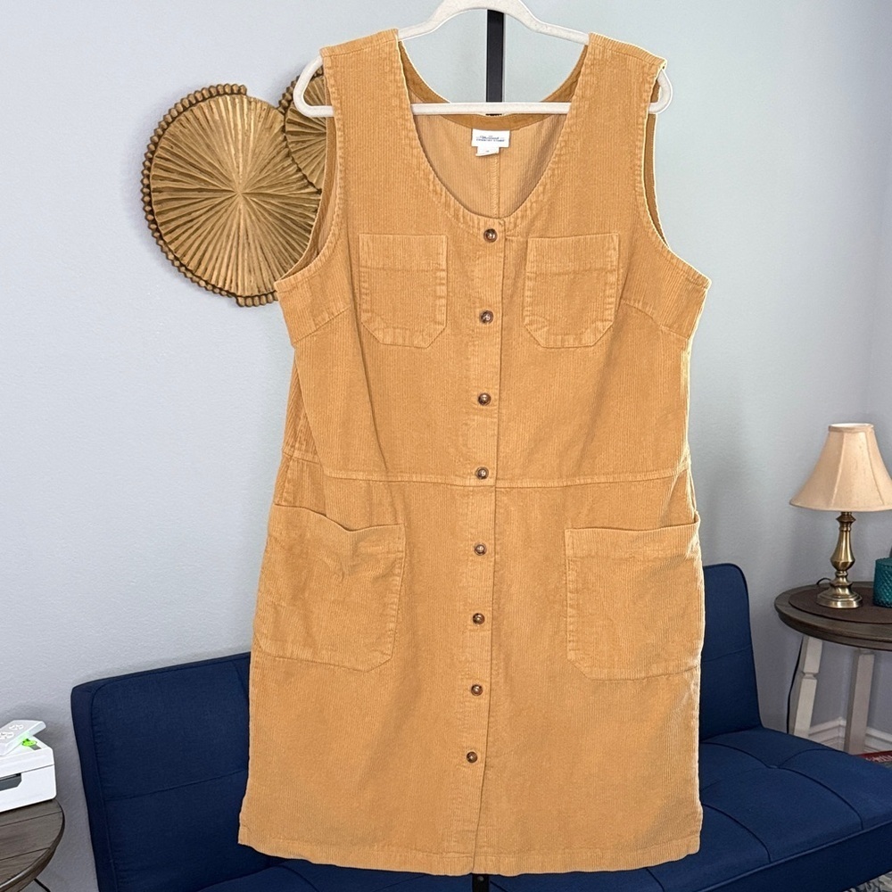 The Vermont Country Store Mustard Button-Front Sleeveless Corduroy Dress size 1X